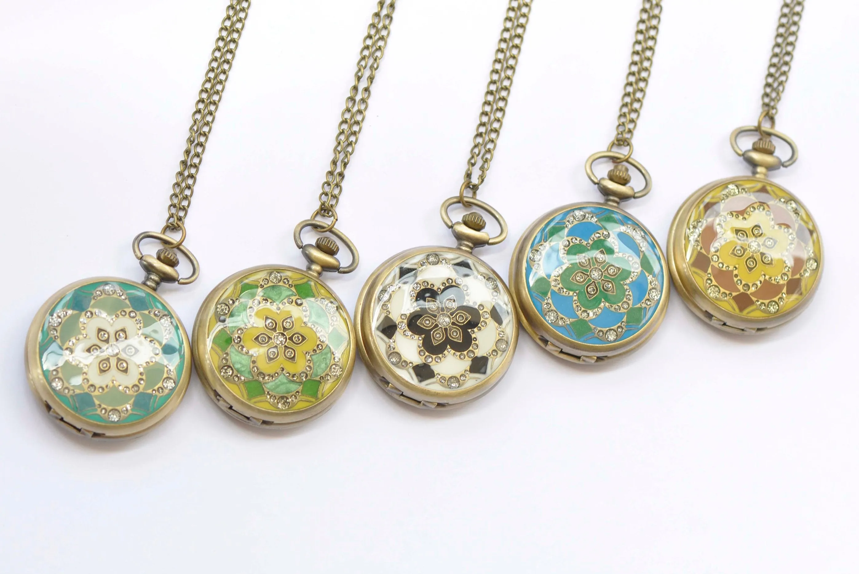 1 PC Antique Bronze Enamel Flower Large Pocket Watch Necklace 47mm