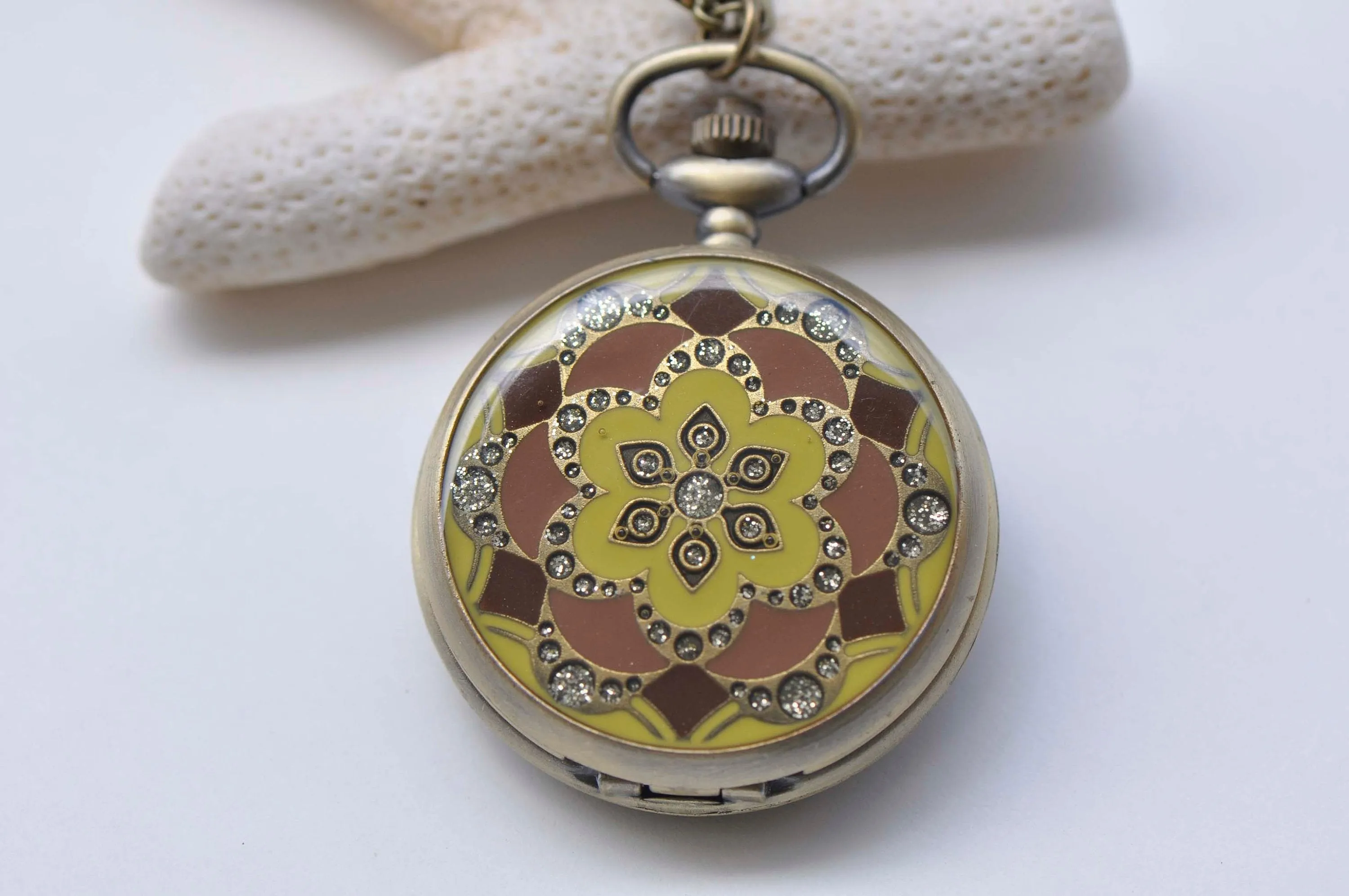 1 PC Antique Bronze Enamel Flower Large Pocket Watch Necklace 47mm