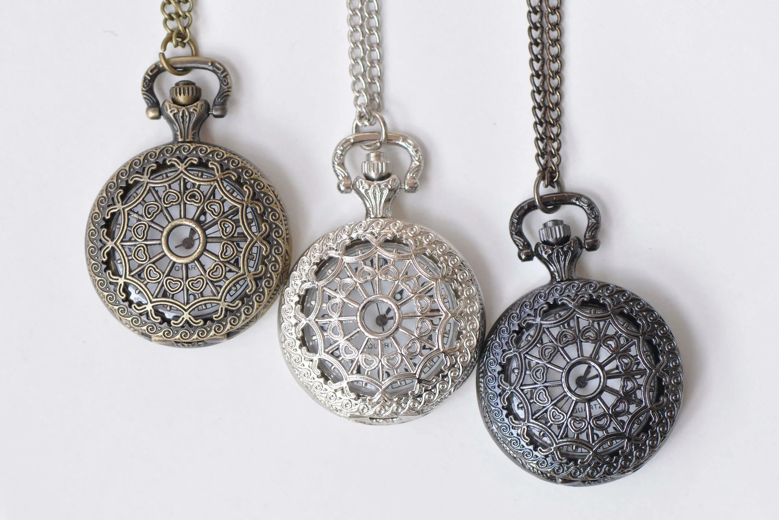 1 PC Antique Bronze/Platinum/Black Spider Cobweb Pocket Watch Necklace