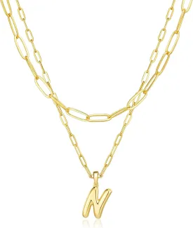 adoyi Gold Necklace for Women Layered Bubble Heart Letter Initial Necklaces for Women Trendy Jewelry 14K Gold Plated Chain Chunky Name Necklace Stack Charm A-Z Pendant Set Jewelry Gifts