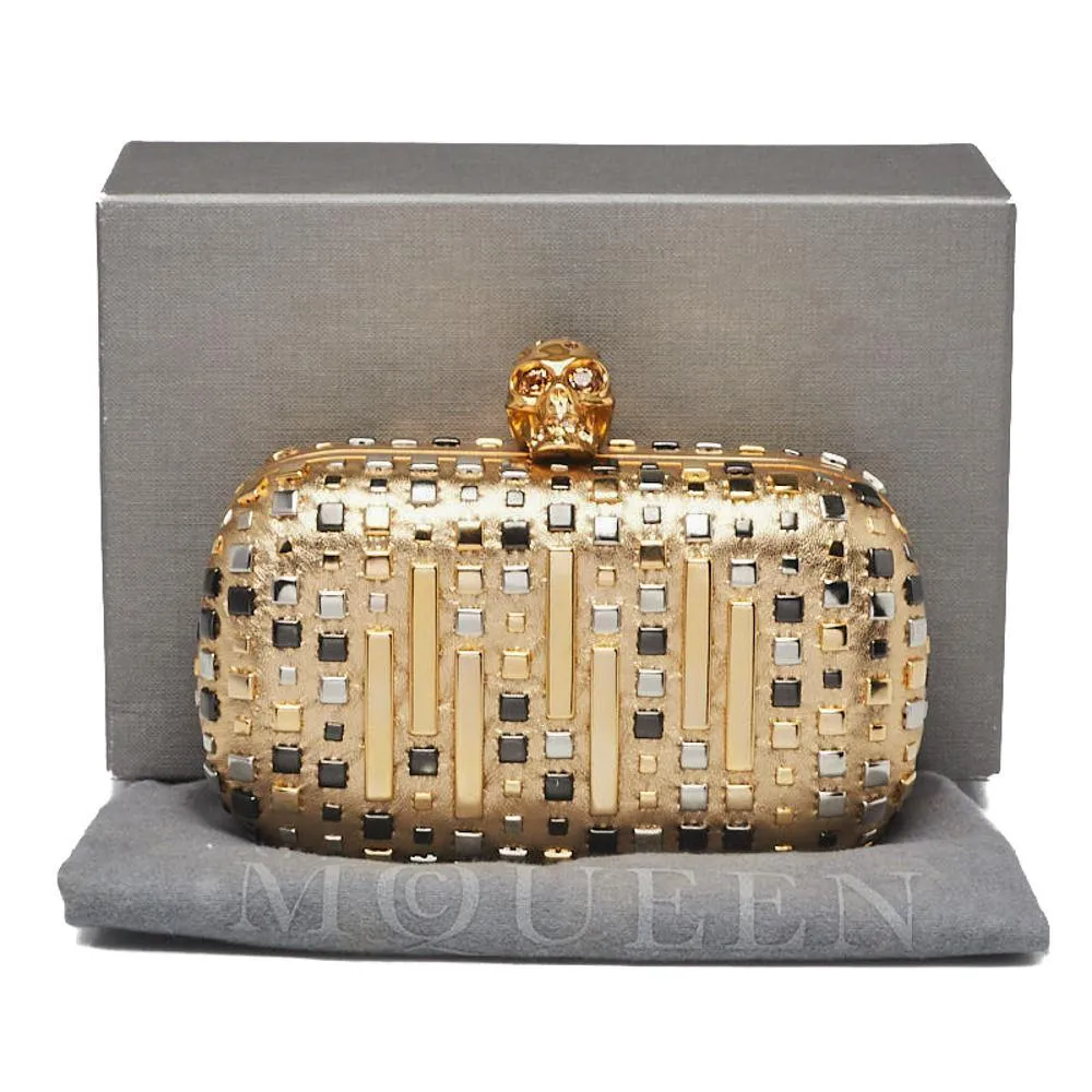 Alexander McQueen Gold Leather Art Deco Studded Skull Box Clutch Bag