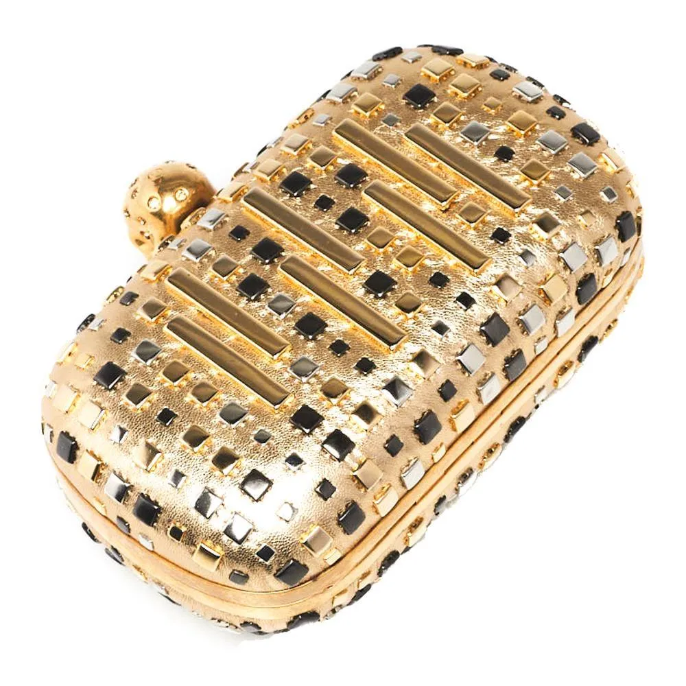 Alexander McQueen Gold Leather Art Deco Studded Skull Box Clutch Bag