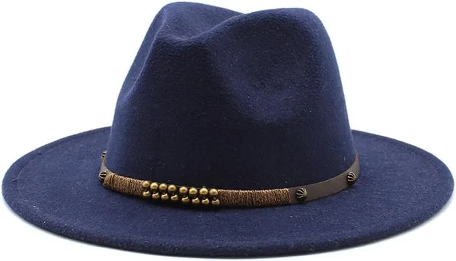 Autumn and Winter Woolen Jazz Hat Men and Women Retro Flat Brim Hat British Style Woolen Felt Hat with Large Brim Fengyan Cowboy Hats (Color : Navy, Size : 56-58cm)