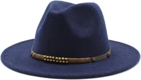 Autumn and Winter Woolen Jazz Hat Men and Women Retro Flat Brim Hat British Style Woolen Felt Hat with Large Brim Fengyan Cowboy Hats (Color : Navy, Size : 56-58cm)