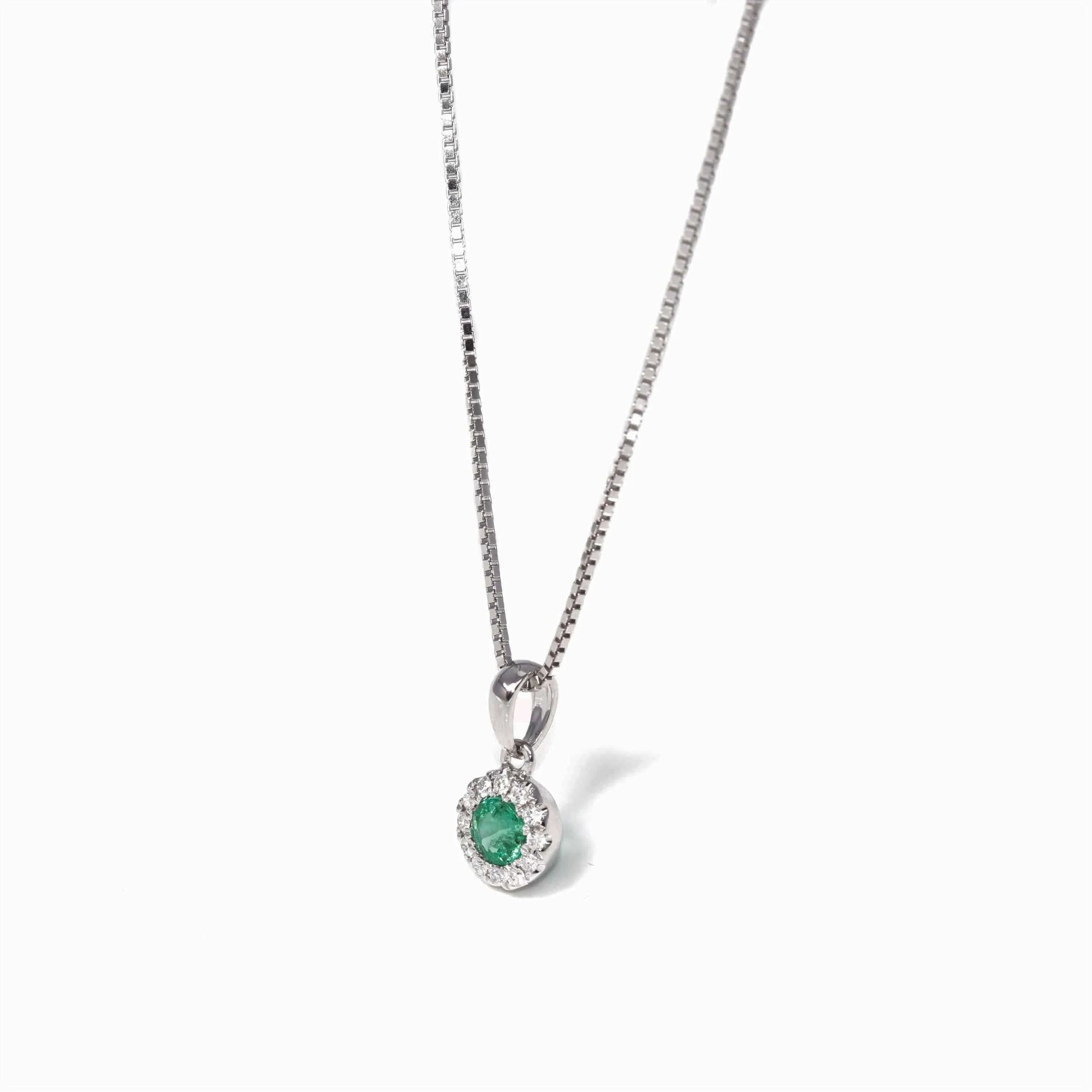 Baikalla™ 14k White Gold Emerald Round 4 Prong Set Necklace With Diamond Halo