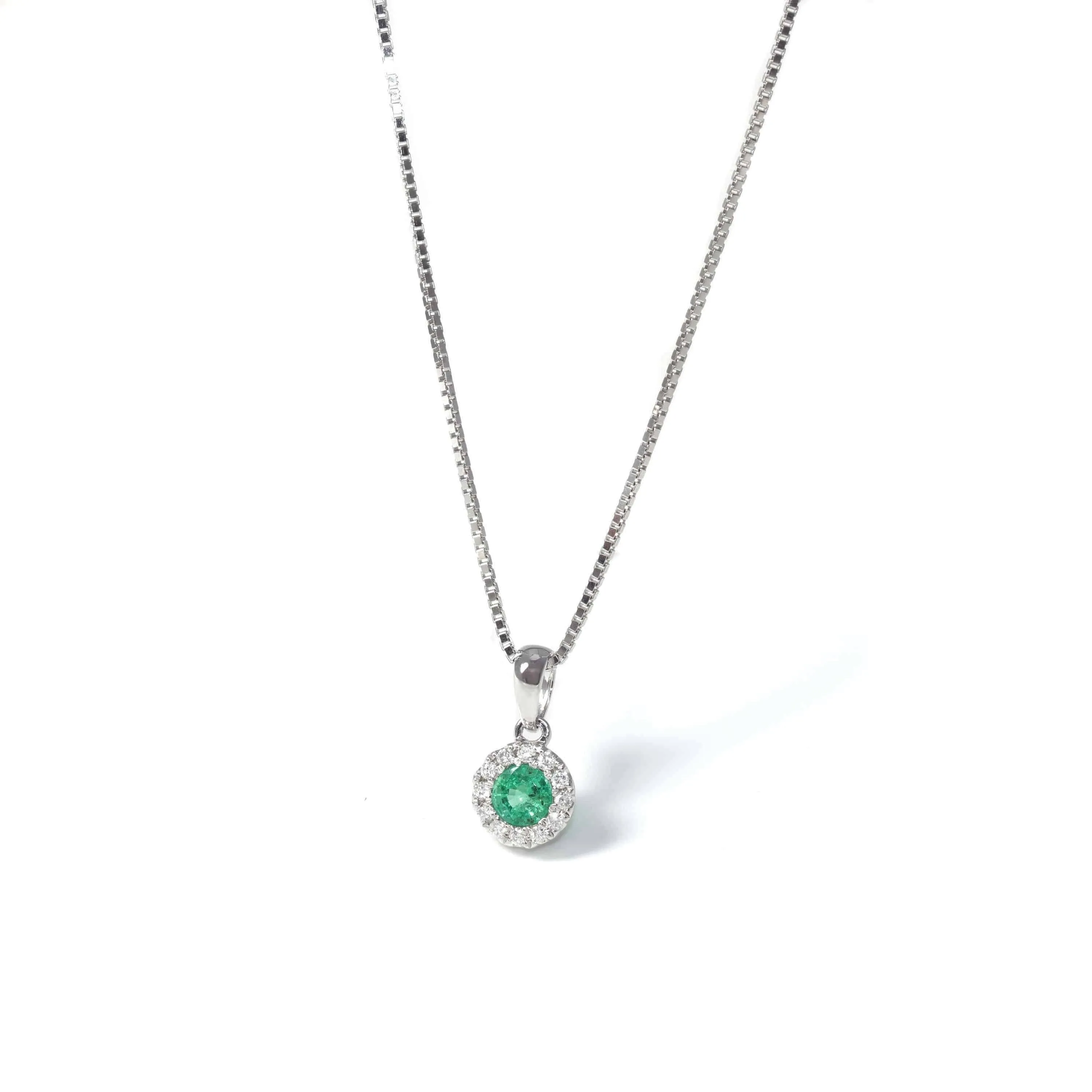 Baikalla™ 14k White Gold Emerald Round 4 Prong Set Necklace With Diamond Halo
