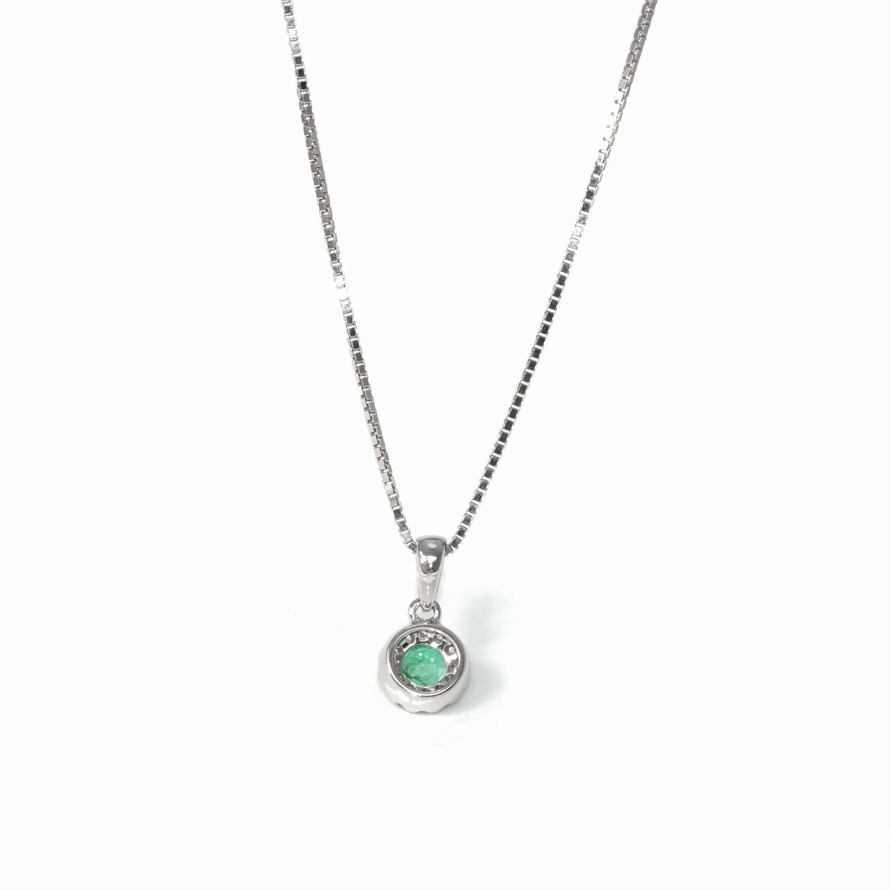 Baikalla™ 14k White Gold Emerald Round 4 Prong Set Necklace With Diamond Halo