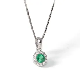 Baikalla™ 14k White Gold Emerald Round 4 Prong Set Necklace With Diamond Halo
