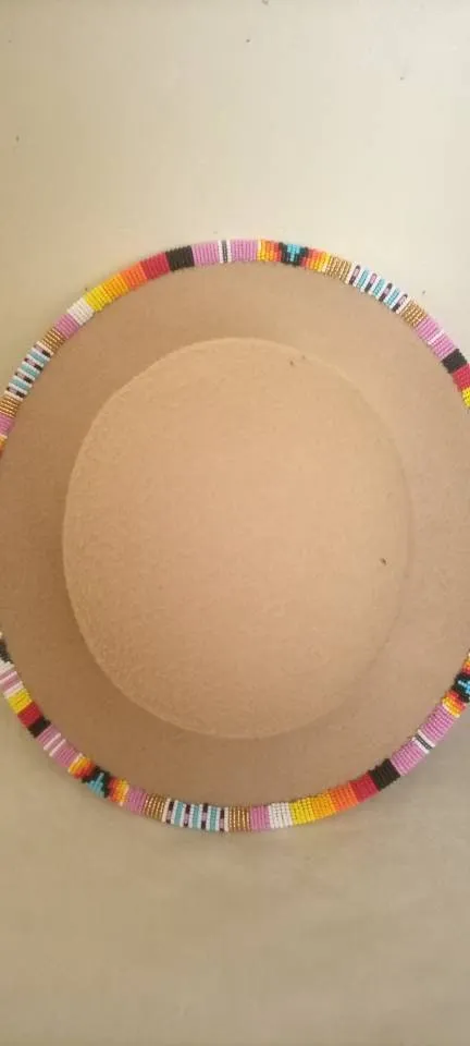 Beige flowered hand beaded fedora cowboy hat with free shipping world wide