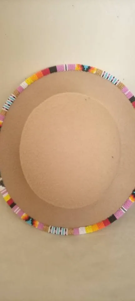 Beige flowered hand beaded fedora cowboy hat with free shipping world wide