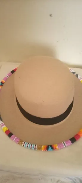 Beige flowered hand beaded fedora cowboy hat with free shipping world wide