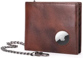 BULLCAPTAIN Slim Genuine Leather Mens Wallets with 2 ID Windows 10 Credit Card Slots Bifold RFID Blocking Wallets for Men With AirTag Holder and Chain T01 (Coffee)