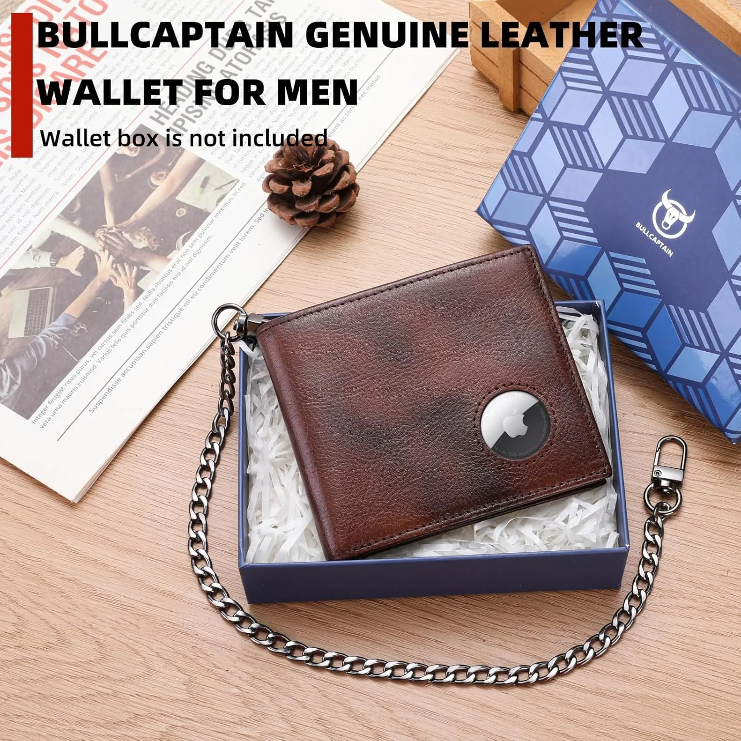 BULLCAPTAIN Slim Genuine Leather Mens Wallets with 2 ID Windows 10 Credit Card Slots Bifold RFID Blocking Wallets for Men With AirTag Holder and Chain T01 (Coffee)