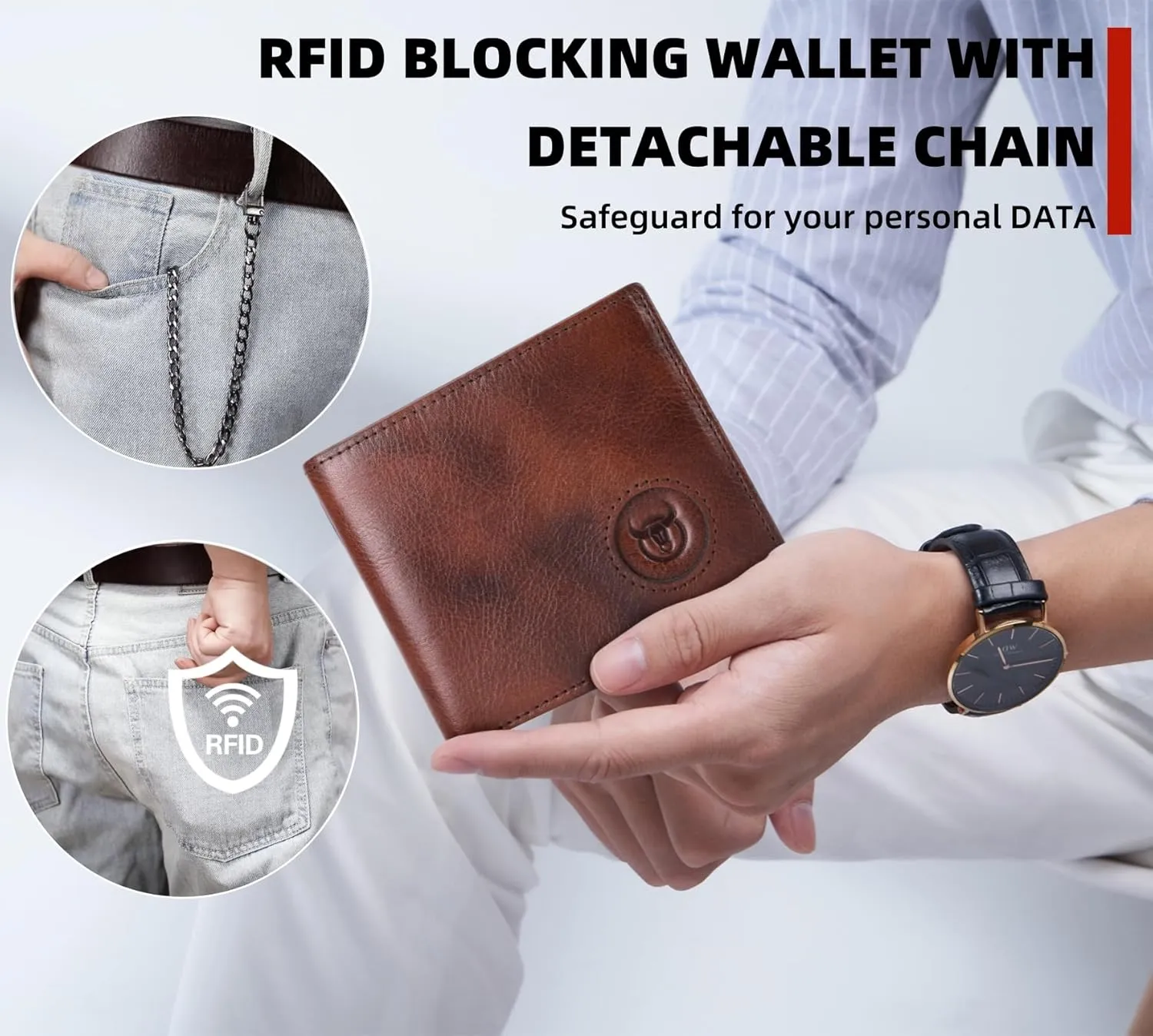 BULLCAPTAIN Slim Genuine Leather Mens Wallets with 2 ID Windows 10 Credit Card Slots Bifold RFID Blocking Wallets for Men With AirTag Holder and Chain T01 (Coffee)
