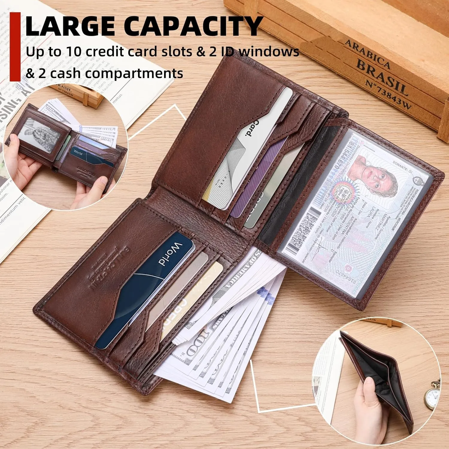 BULLCAPTAIN Slim Genuine Leather Mens Wallets with 2 ID Windows 10 Credit Card Slots Bifold RFID Blocking Wallets for Men With AirTag Holder and Chain T01 (Coffee)