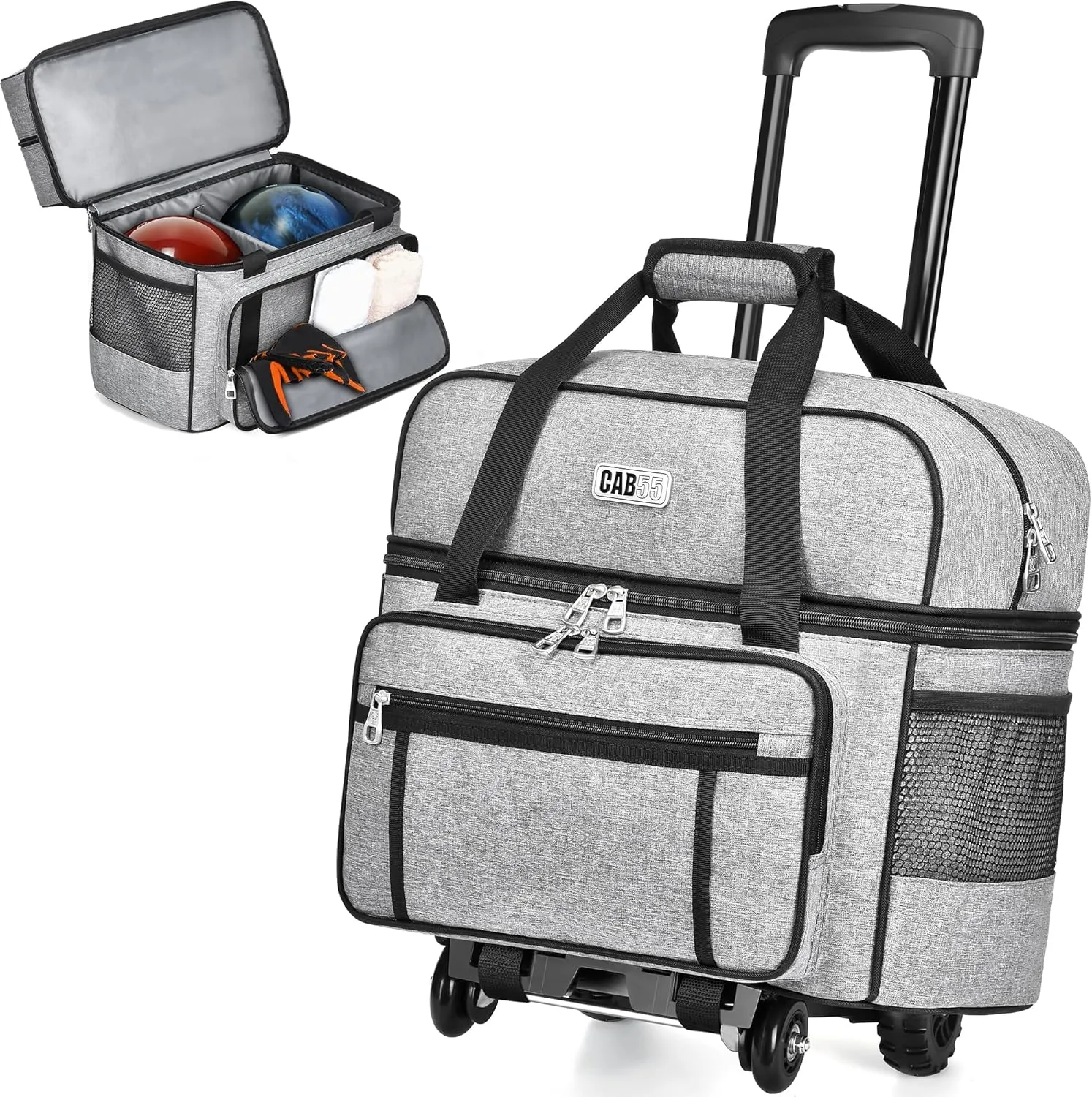 CAB55 2 Ball Bowling Bag with 4 Wheels, Double Bowling Ball Bag with Separate Shoe Compartment, (Up To US Men Size 16), and Multiple Multifunctional Accessory Pockets-Grey