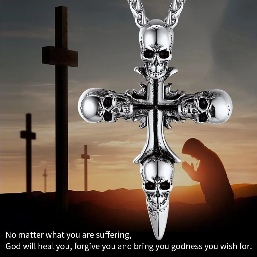 ChainsHouse Skull Necklace for Men, Retro Gothic Punk Jewelry Biker Necklace for Men Women Free Engraving Stainless Steel Dog Tag Pendant Necklace,with Gift Box