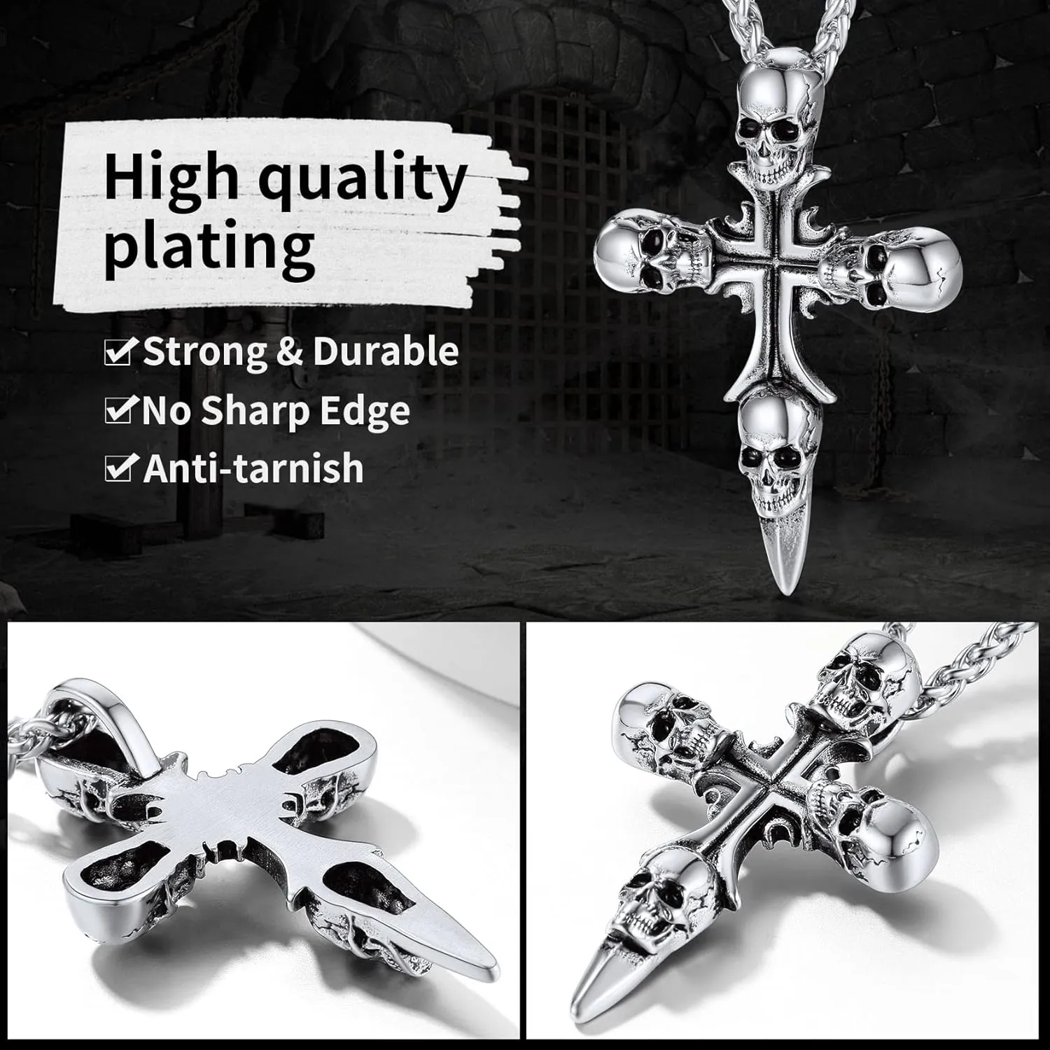 ChainsHouse Skull Necklace for Men, Retro Gothic Punk Jewelry Biker Necklace for Men Women Free Engraving Stainless Steel Dog Tag Pendant Necklace,with Gift Box