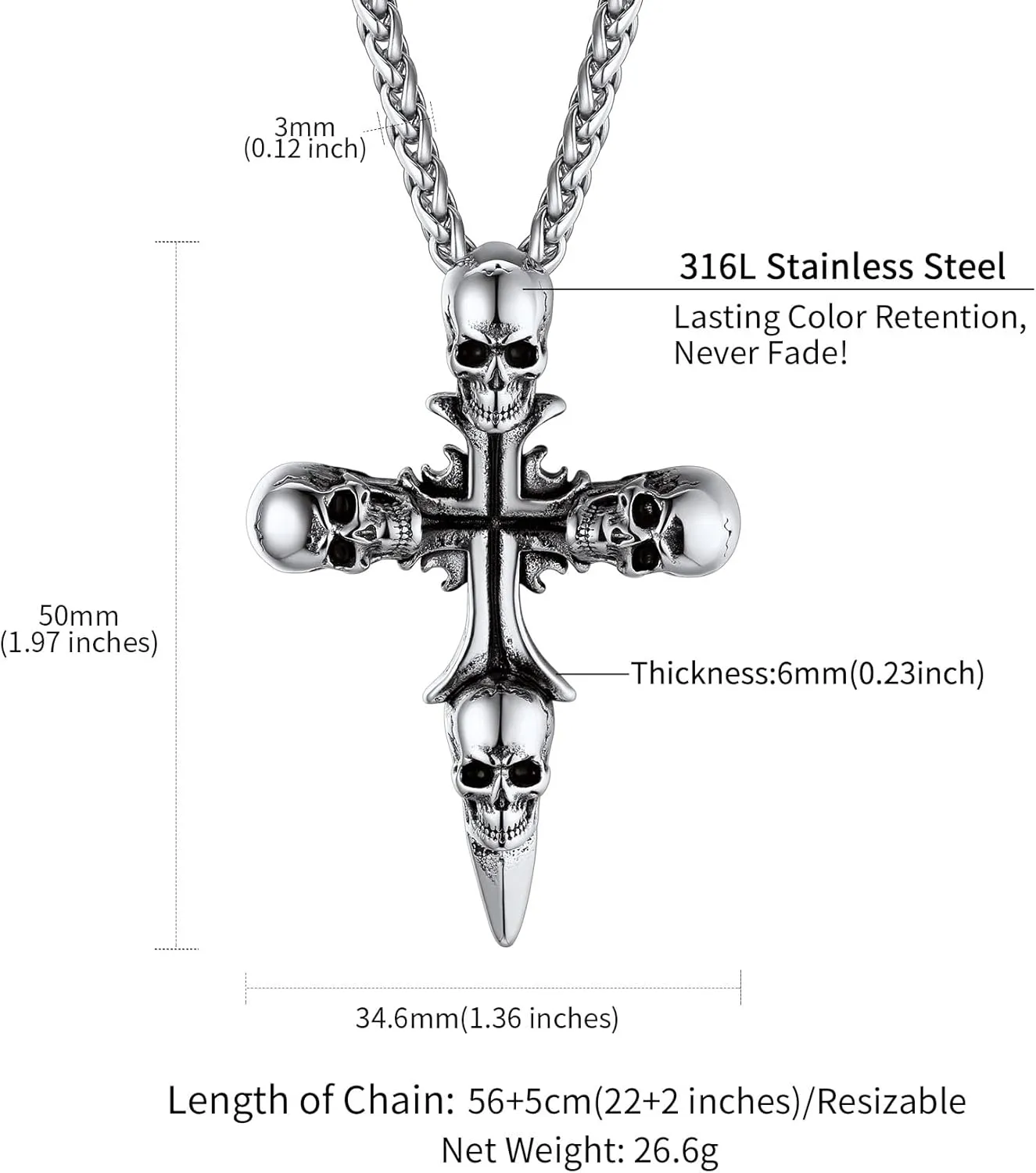 ChainsHouse Skull Necklace for Men, Retro Gothic Punk Jewelry Biker Necklace for Men Women Free Engraving Stainless Steel Dog Tag Pendant Necklace,with Gift Box
