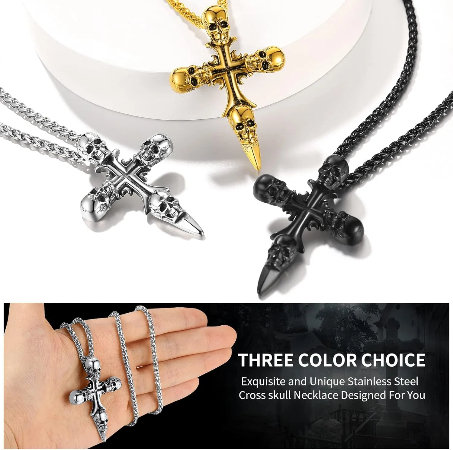 ChainsHouse Skull Necklace for Men, Retro Gothic Punk Jewelry Biker Necklace for Men Women Free Engraving Stainless Steel Dog Tag Pendant Necklace,with Gift Box