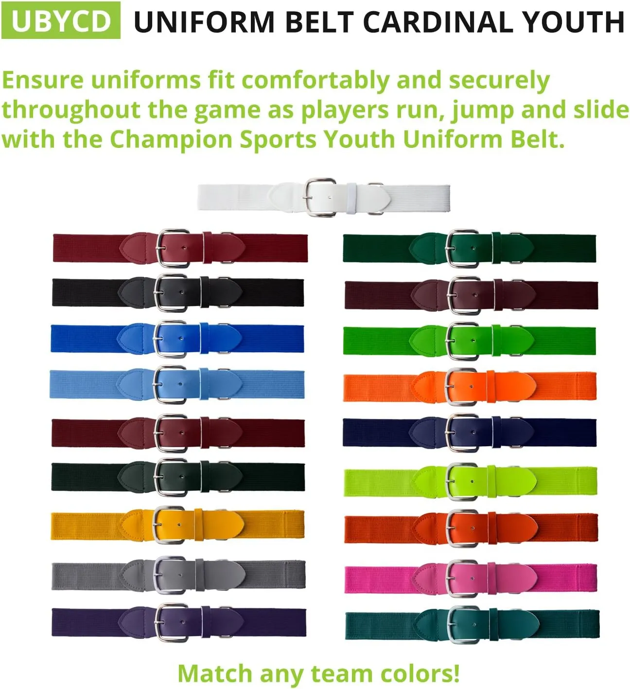 Champion Sports Baseball/Softball Uniform Belt, Comfort Stretch Fit - Durable Syntex Tab, Youth & Adult Sizes