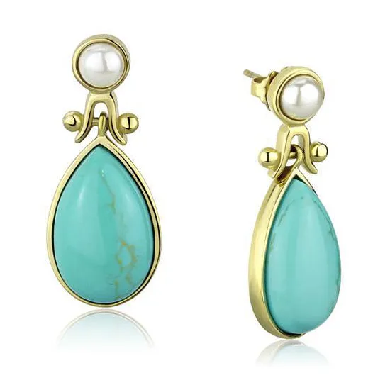 CJE2151 Wholesale Women's Stainless Steel IP Gold Turquoise Teardrop Earrings