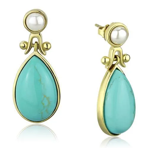 CJE2151 Wholesale Women's Stainless Steel IP Gold Turquoise Teardrop Earrings