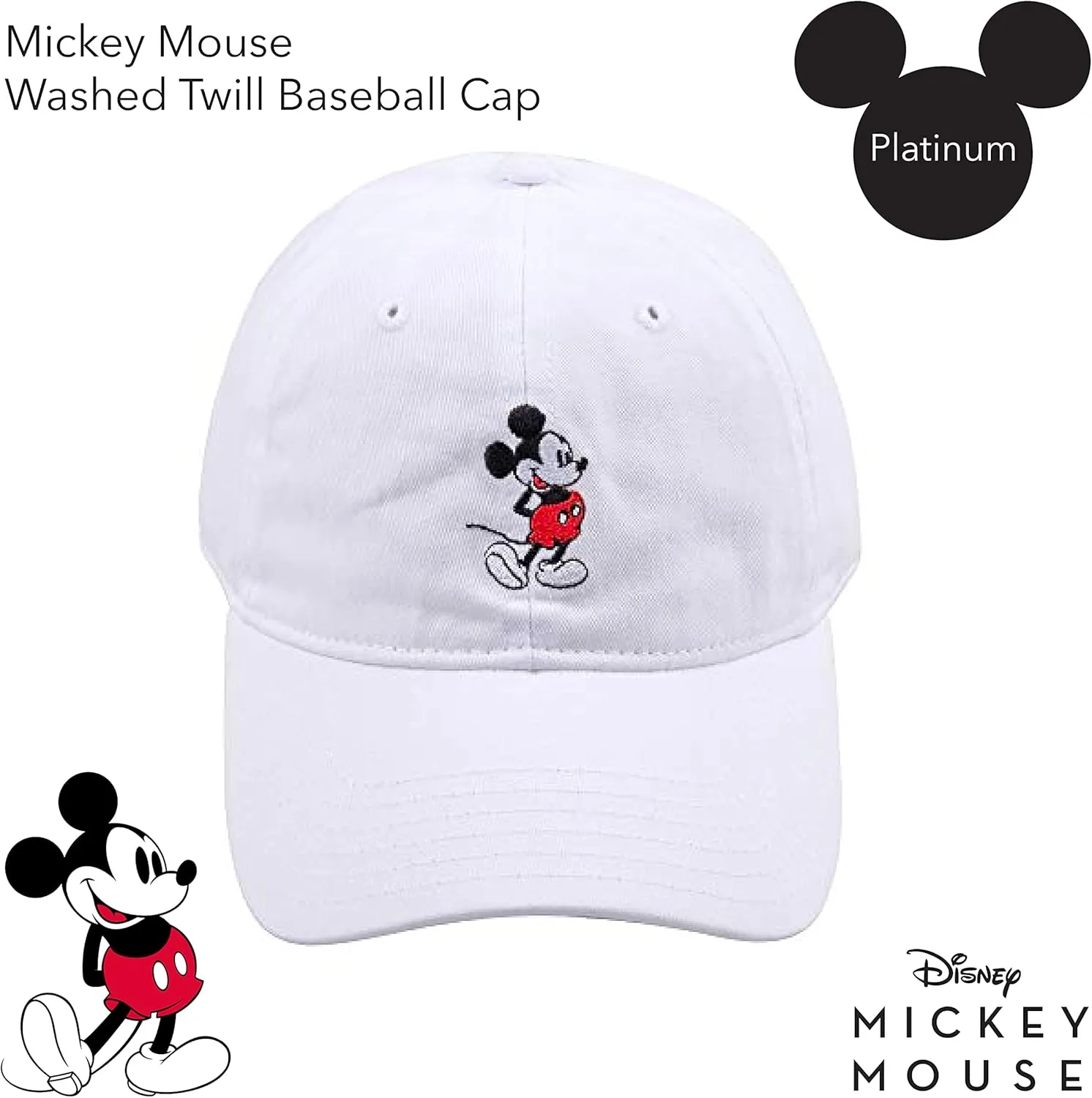 Concept One Disney Mickey Mouse Baseball Hat, Washed Twill Cotton Adjustable Dad Cap