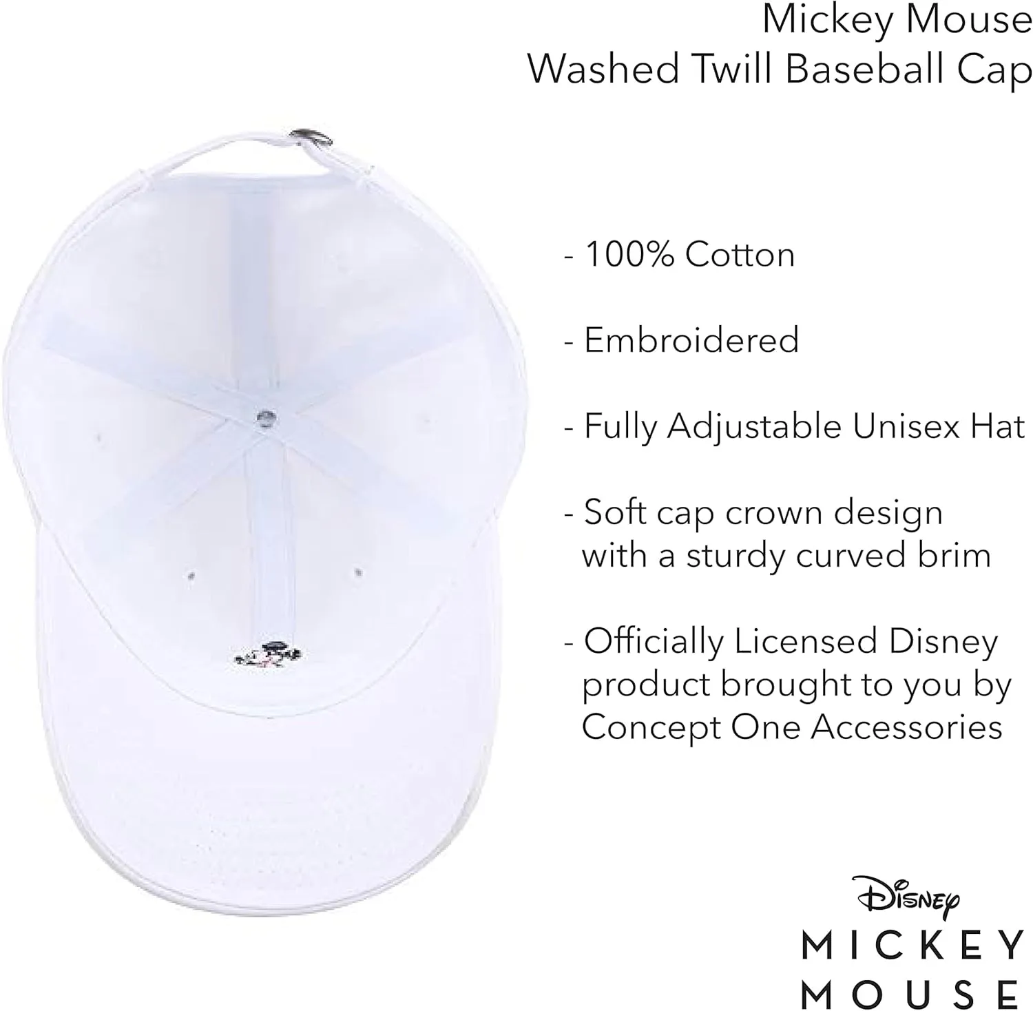 Concept One Disney Mickey Mouse Baseball Hat, Washed Twill Cotton Adjustable Dad Cap