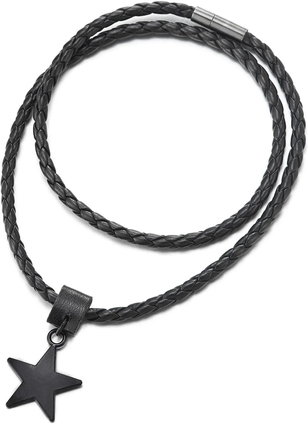 COOLSTEELANDBEYOND Black Star Pendant Necklace for Men Women, Black Leather Necklace Braided