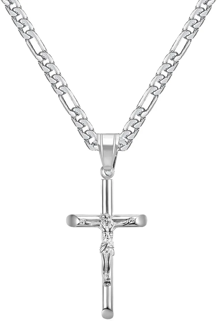 Crucifix Cross Necklace For Men Women Stainless Steel Silver 18k Gold Plated 3mm 20inch Figaro Chain Trendy Jesus Cross Pendant Necklace Baptism Christian Easter Prayer Jewelry Gift