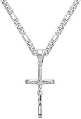 Crucifix Cross Necklace For Men Women Stainless Steel Silver 18k Gold Plated 3mm 20inch Figaro Chain Trendy Jesus Cross Pendant Necklace Baptism Christian Easter Prayer Jewelry Gift