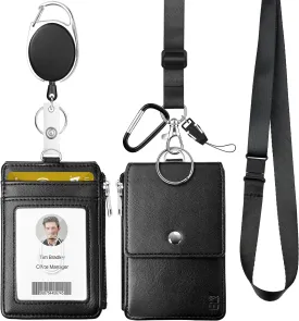 ELV Badge Holder, ID Card Wallet with 5 Card Slots, 1 RFID Blocking Pocket, Retractable Reel and Neck Lanyard Strap for Offices, School, Driver Licence