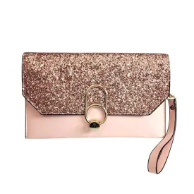 EVENING CLUTCH blush with rose gold glitter flap & rotate magnetic closure, 10.24” x 6.5”
