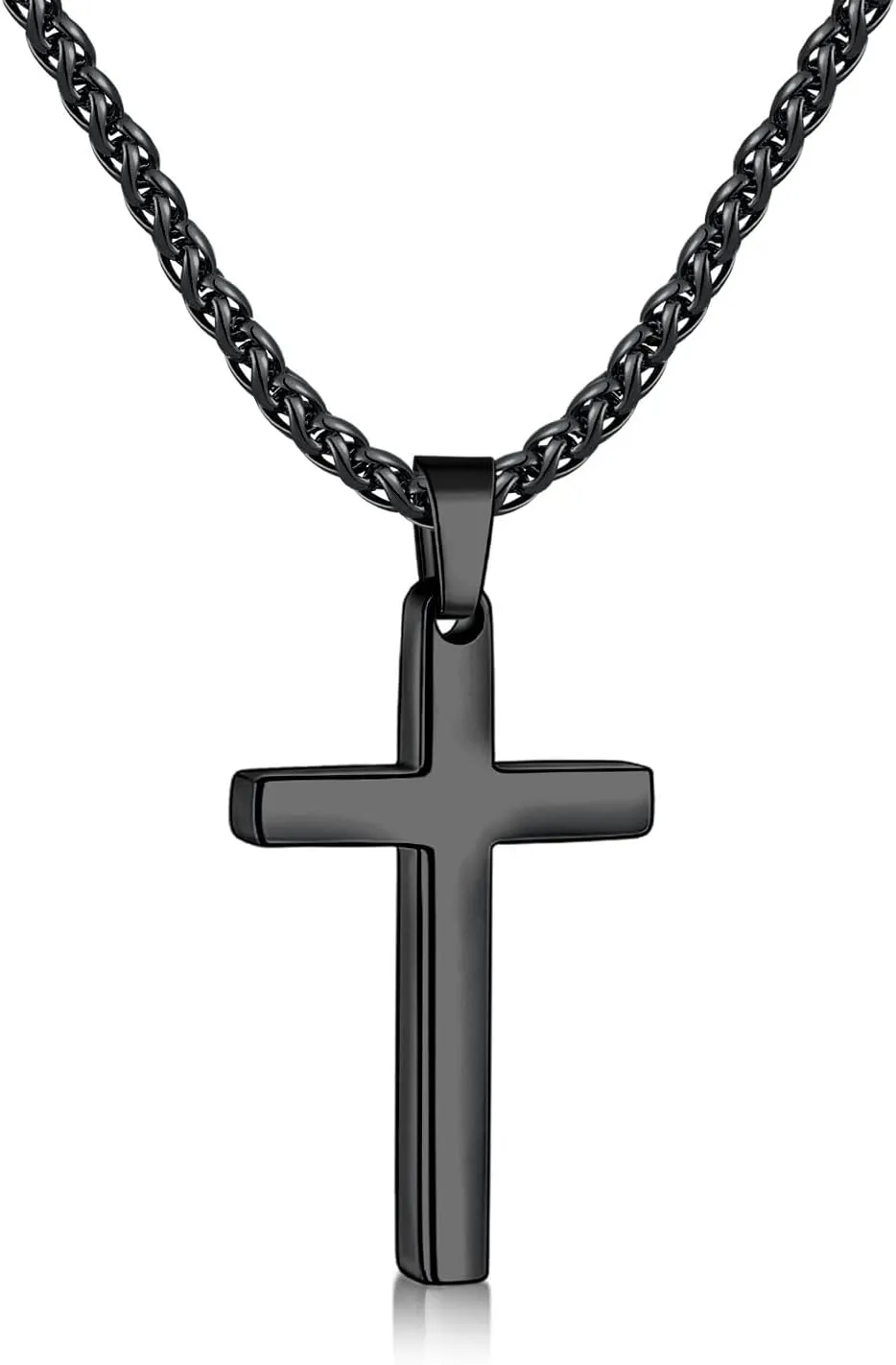 Fiusem Cross Necklace for Men, Black Mens Cross Necklaces with 2.5mm Chain, Stainless Steel Wheat Chain, 16-24 Inch