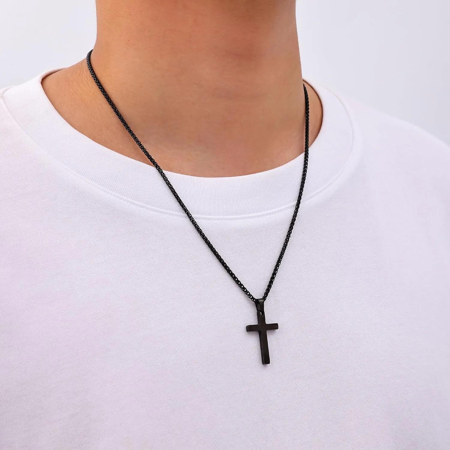 Fiusem Cross Necklace for Men, Black Mens Cross Necklaces with 2.5mm Chain, Stainless Steel Wheat Chain, 16-24 Inch