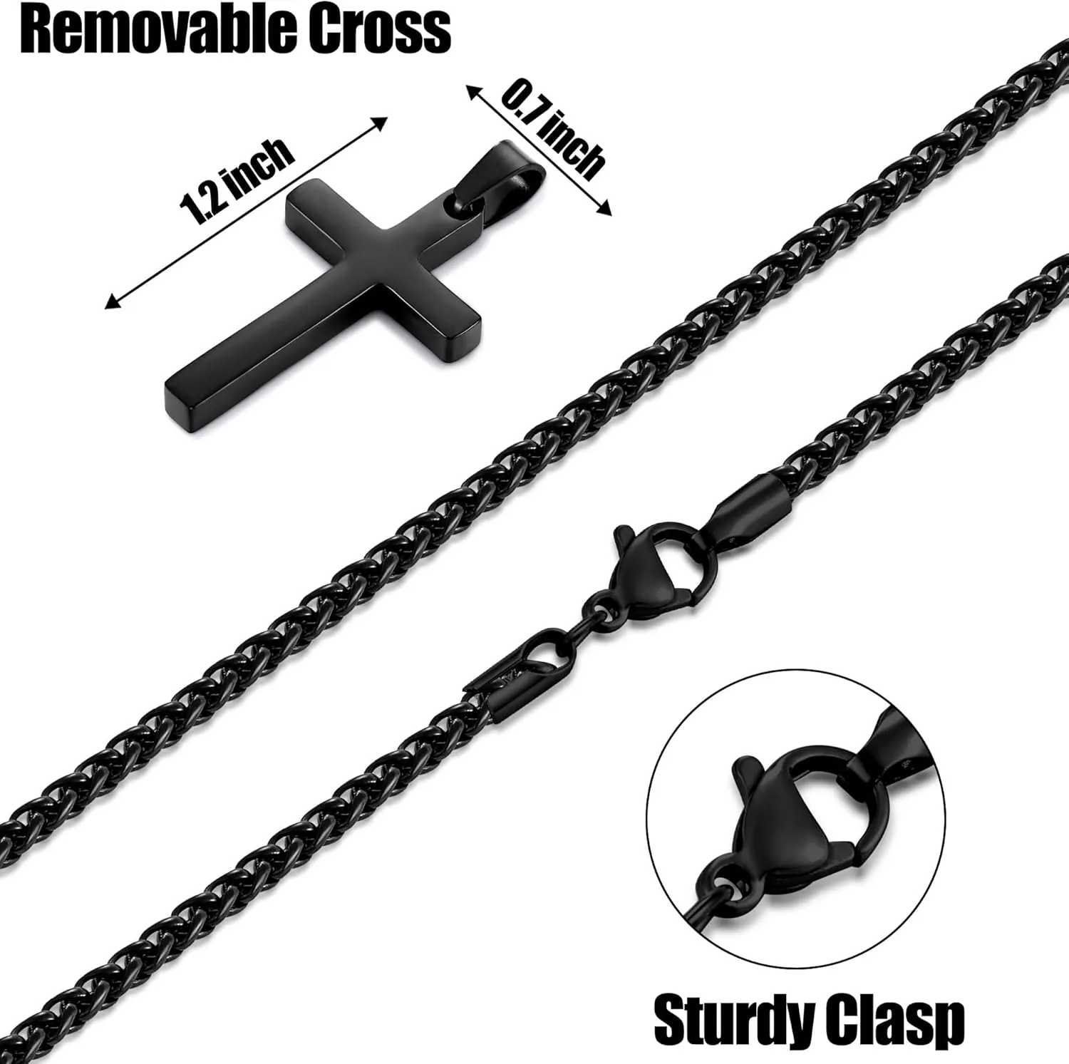 Fiusem Cross Necklace for Men, Black Mens Cross Necklaces with 2.5mm Chain, Stainless Steel Wheat Chain, 16-24 Inch
