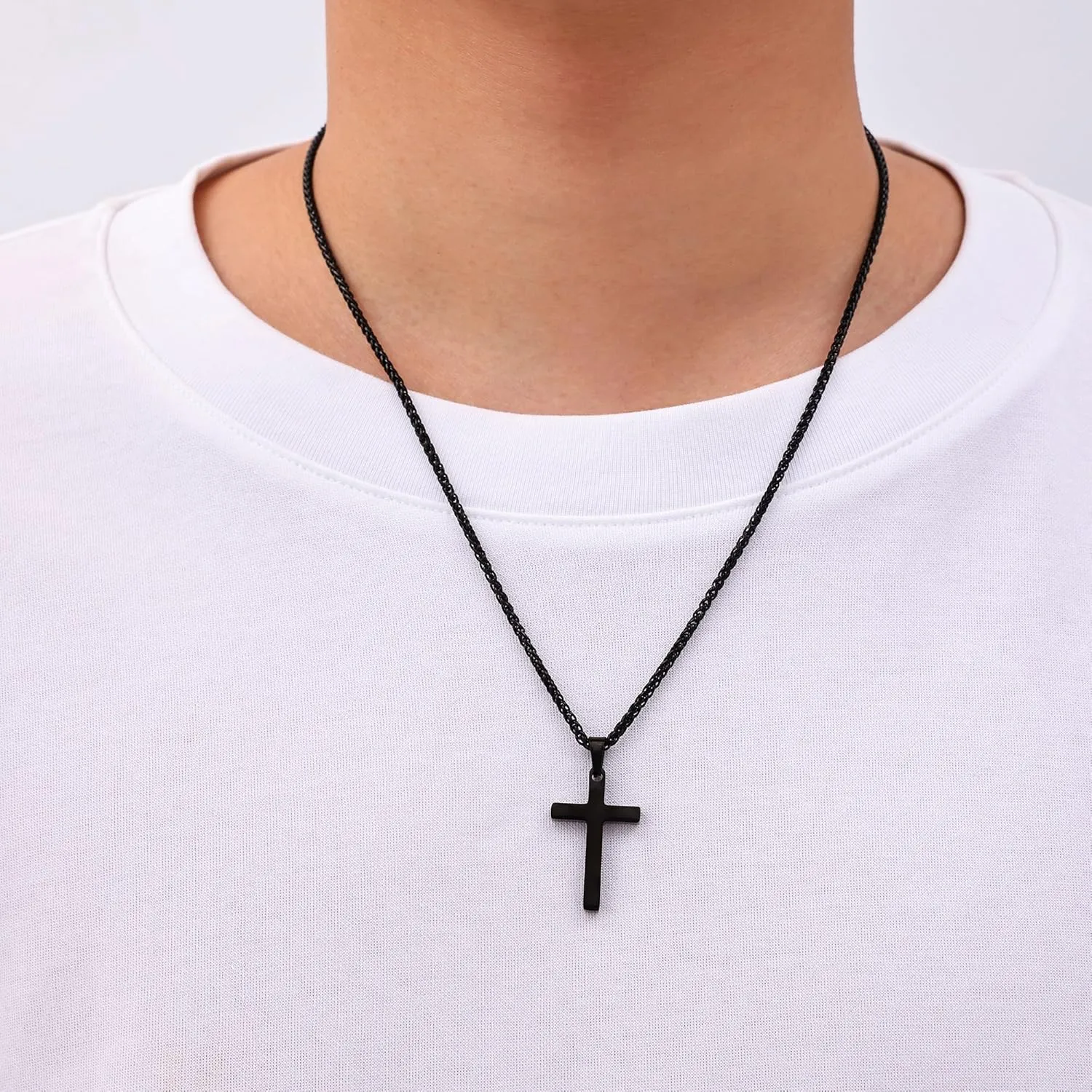 Fiusem Cross Necklace for Men, Black Mens Cross Necklaces with 2.5mm Chain, Stainless Steel Wheat Chain, 16-24 Inch