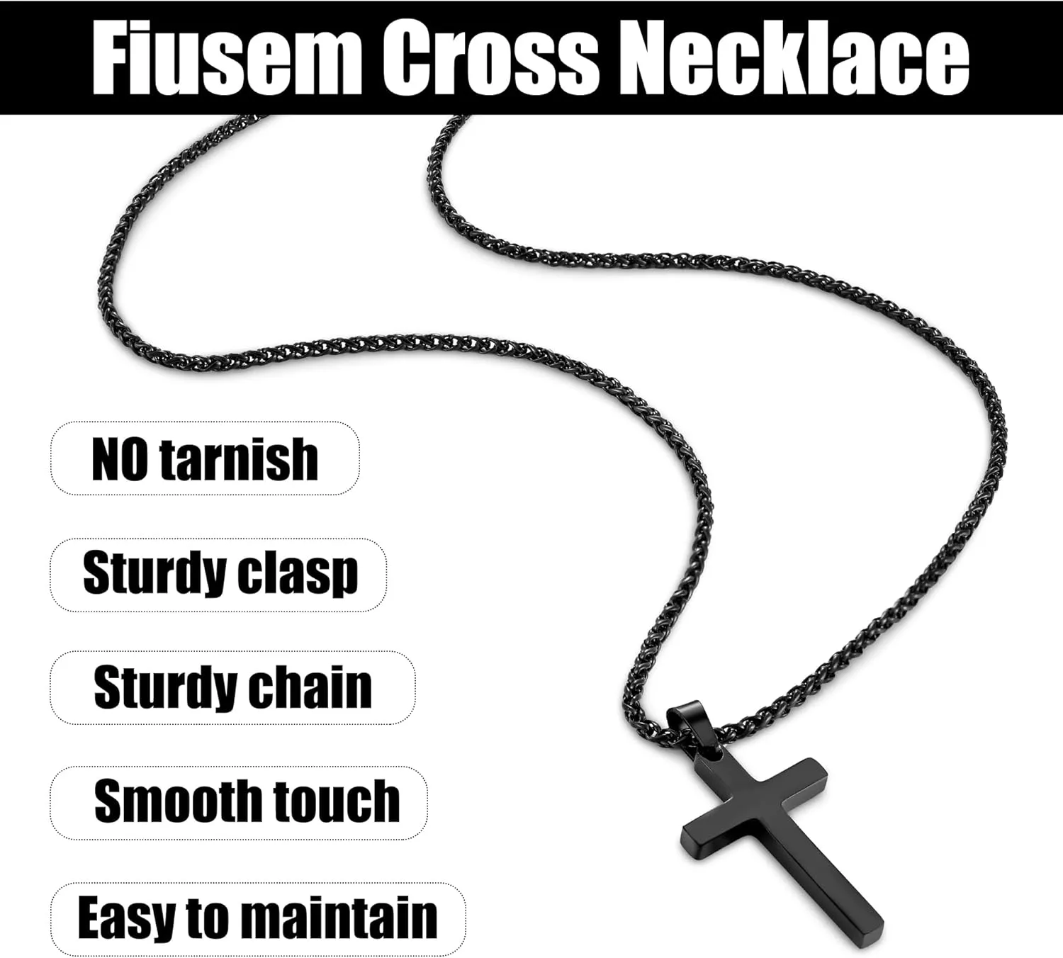 Fiusem Cross Necklace for Men, Black Mens Cross Necklaces with 2.5mm Chain, Stainless Steel Wheat Chain, 16-24 Inch