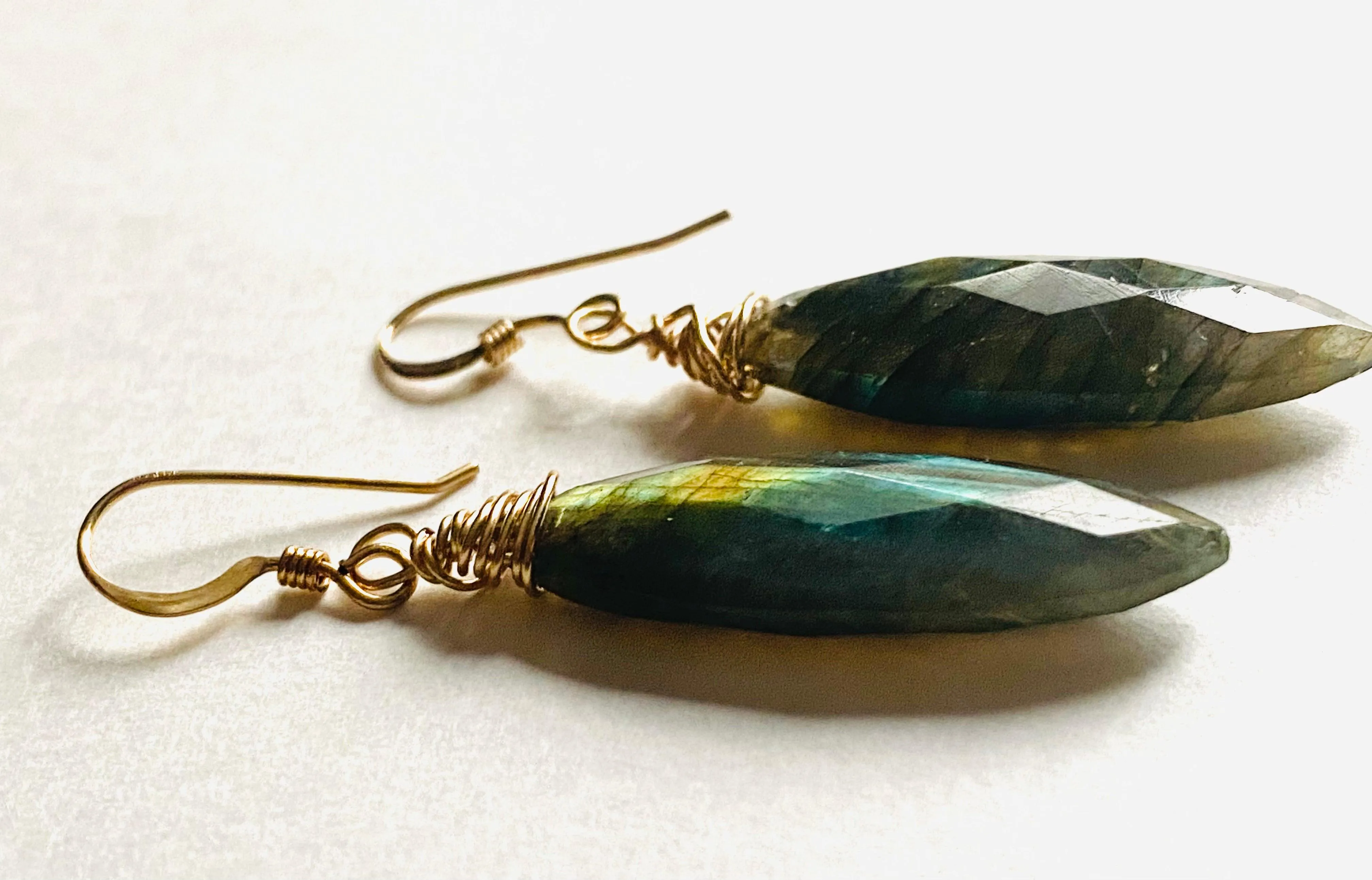 Genuine Gemstone Silver or Gold Filled Wrapped Earrings, Labradorite