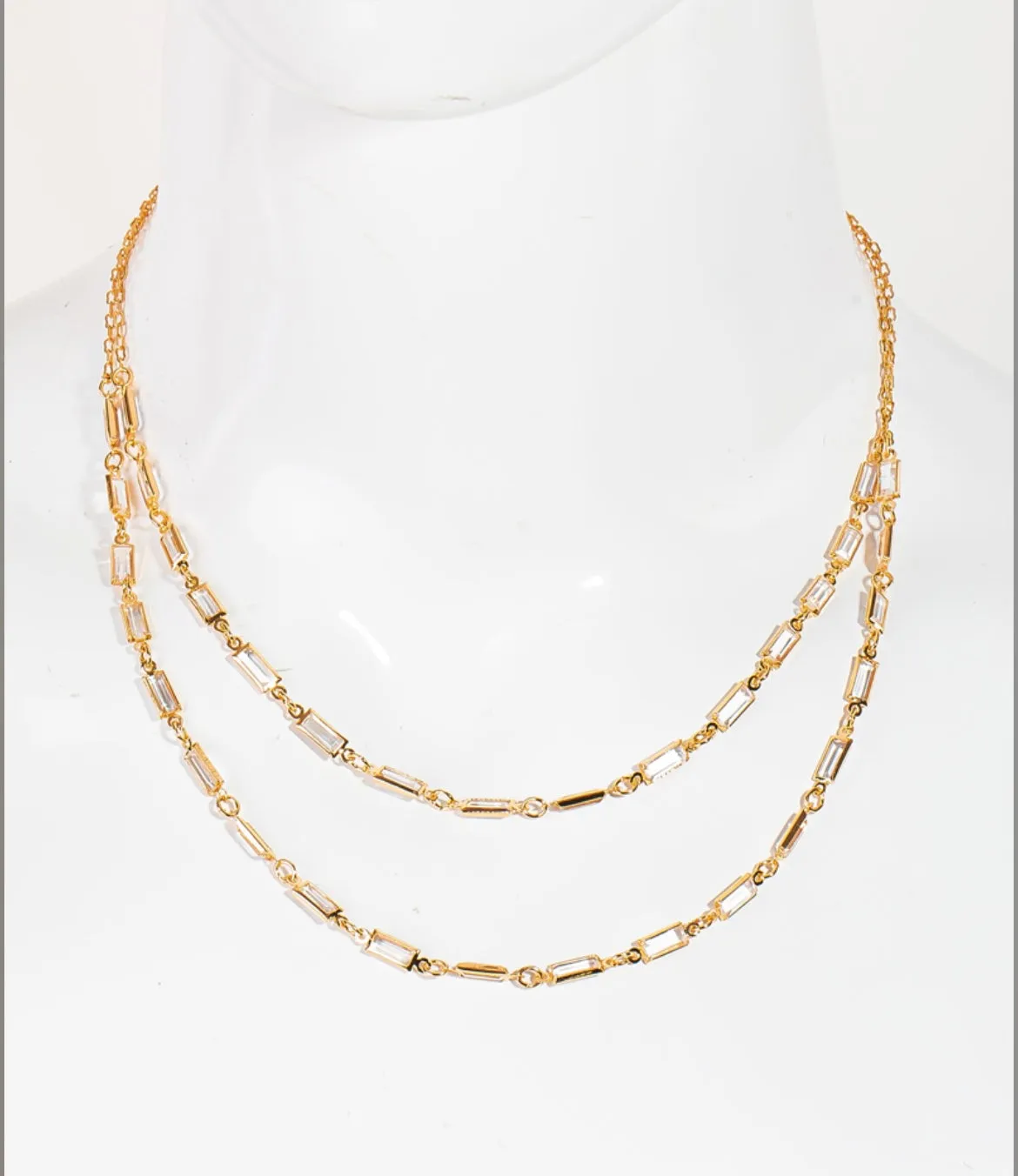 Gold Chain & Rectangle Rhinestones Layered Necklace