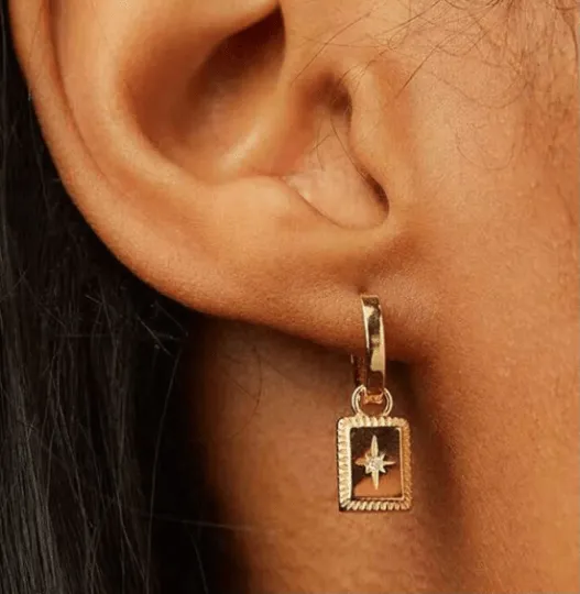 Golden star huggie earrings with clear rhinestones | Gold diamante dangle earrings | Glitter Statement earrings | Celestial earrings