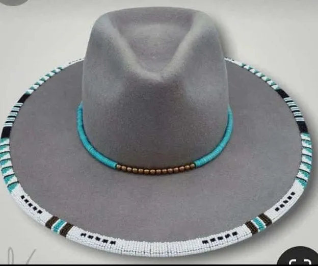 Grey handmade white and blue beaded fedora hat|summer hat| brim hat| cowboy hat with free shipping world wide
