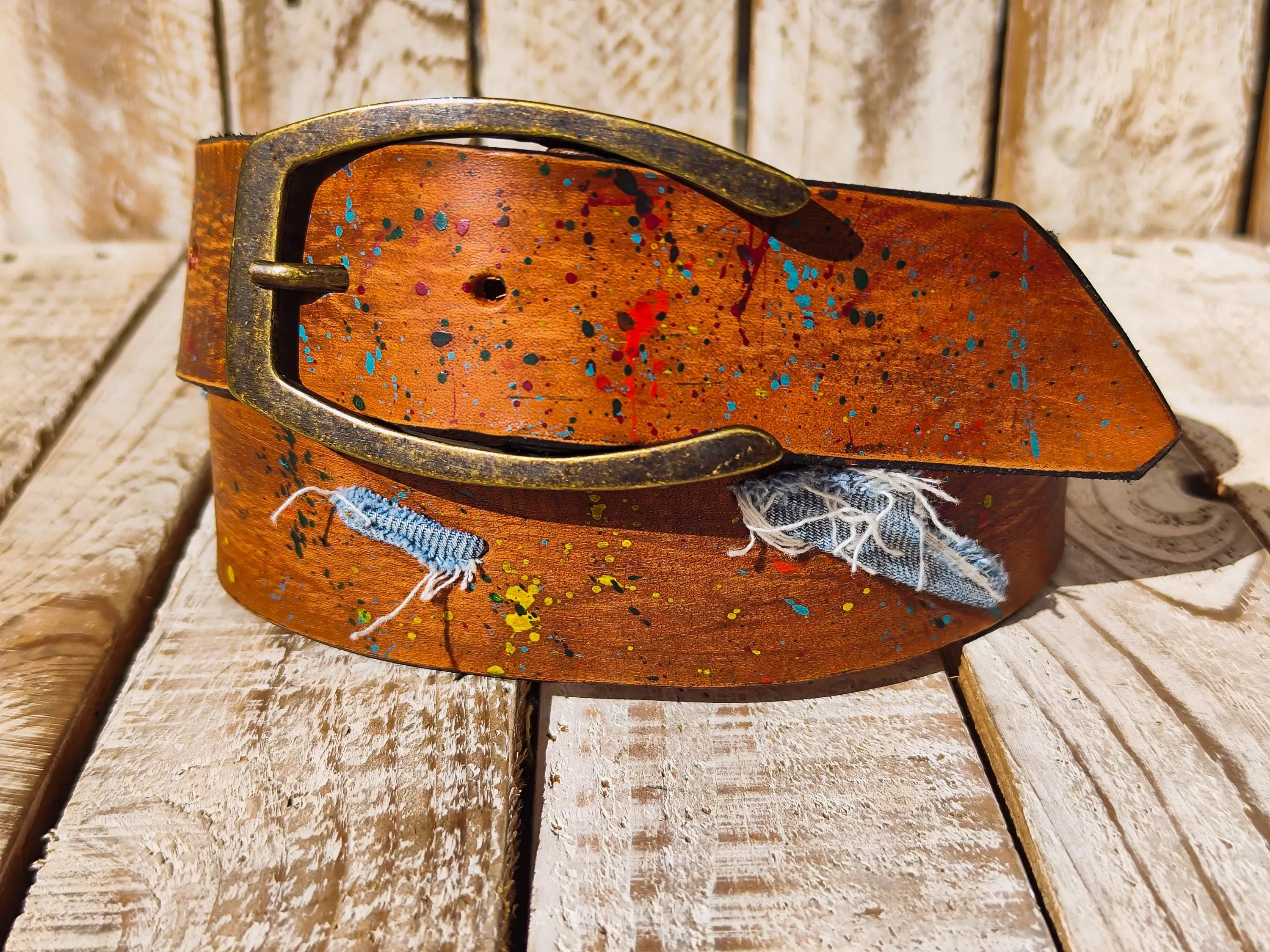 Handmade Brown Leather Belt with Colorful Paint Splashes and Jean Accents, 4.2cm Wide - Unique Design by Ishaor
