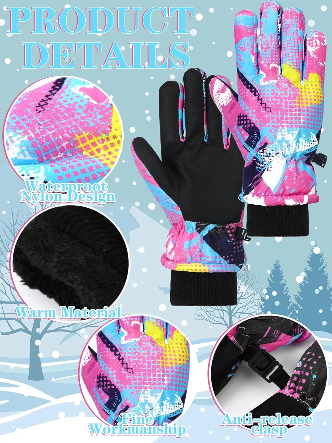 Honoson 2 Pairs Kids Snow Gloves Winter Waterproof Ski Gloves for Boys Girls Outdoor Toddler Snowboard Warm Youth Clothes