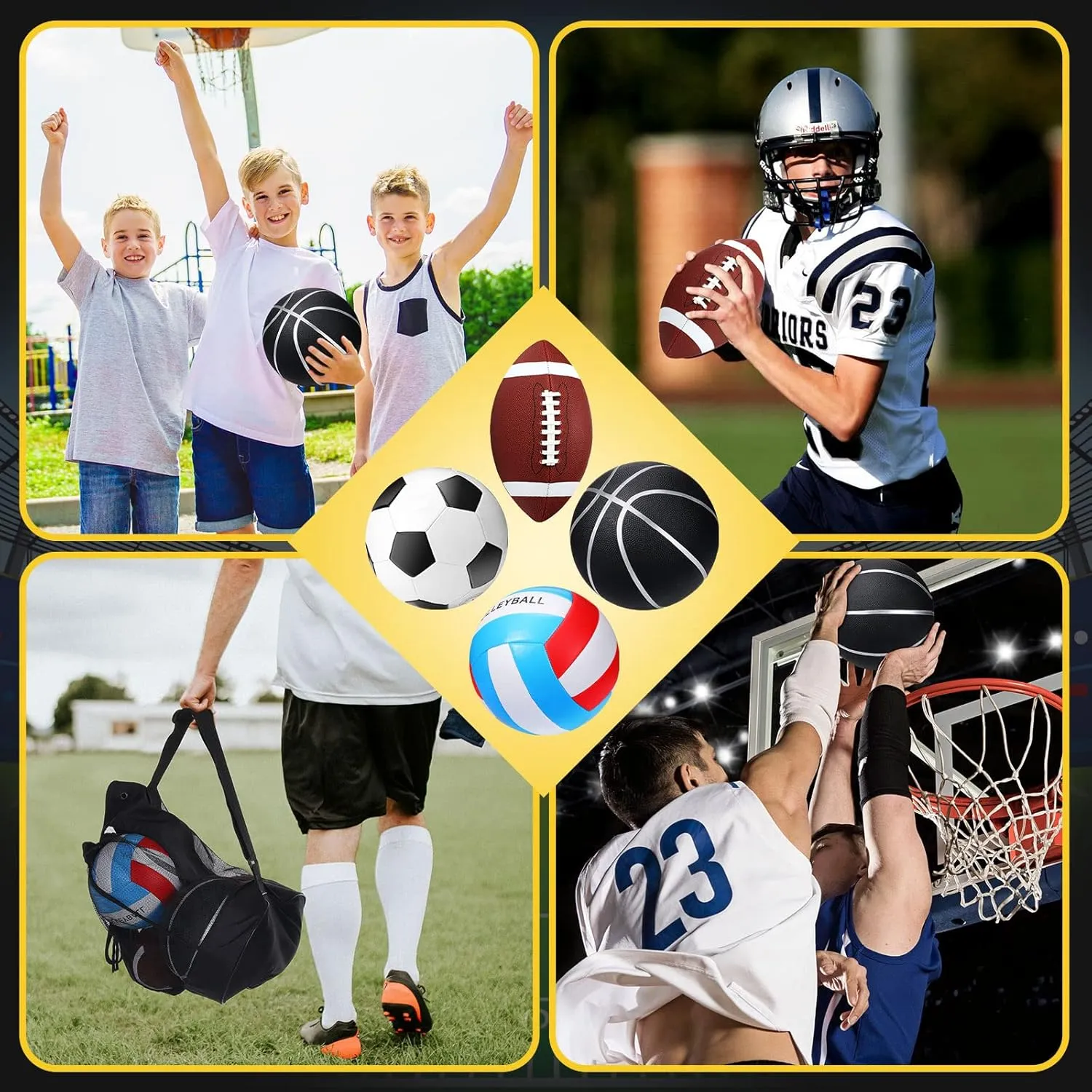 Jerify 4 Pcs Sport Balls Set Official Size Athletic Balls Include Soccer, Football, Basketball, Volleyball for Indoor Outdoor Game Activities Teens Youth Adult Ball Gifts