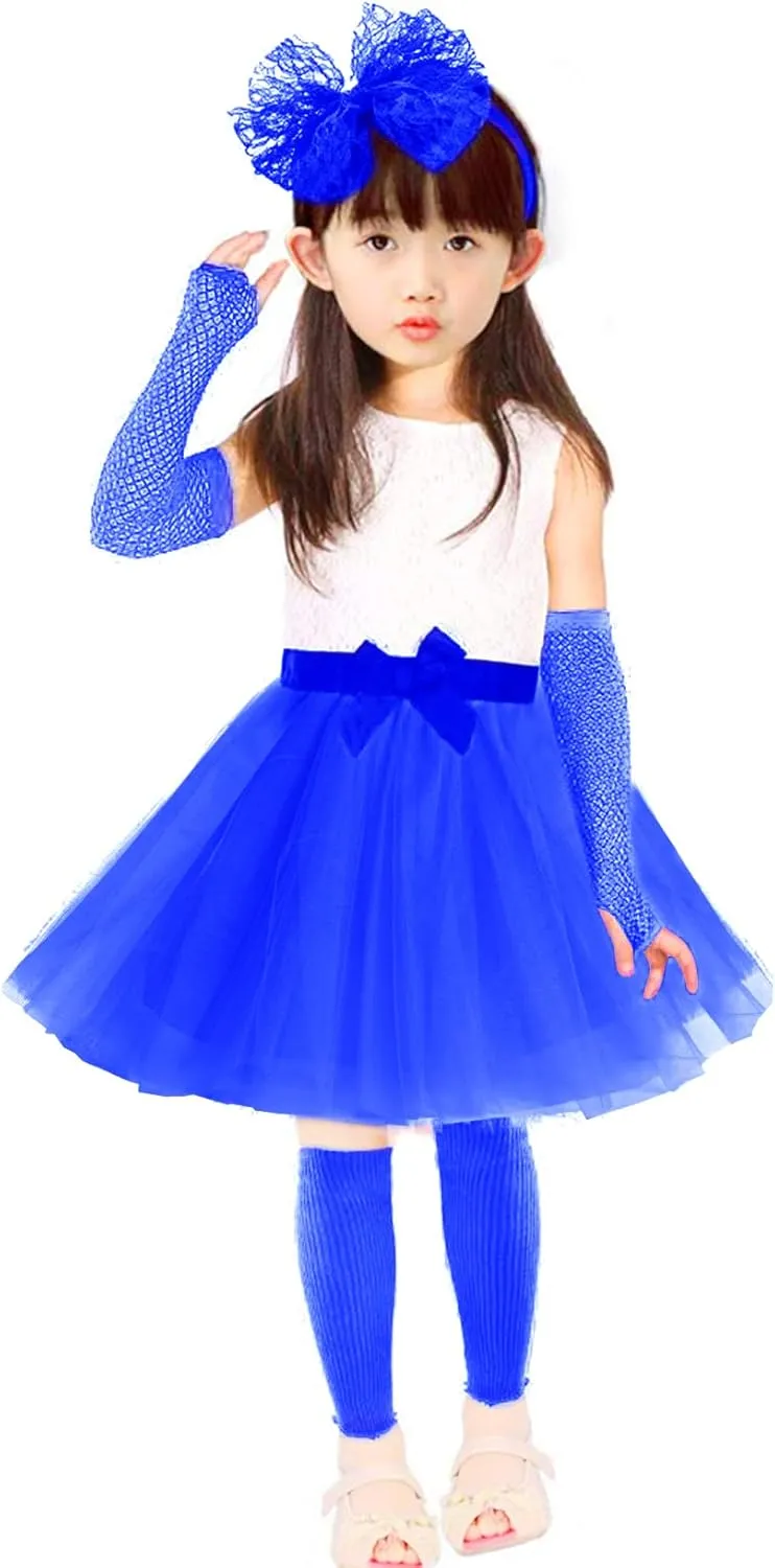 jiebor 80s Costume Outfits Accessories for Girls Kids Tutu Skirt Leg Warmers Fishnet Gloves Shutter Glass Headband Necklace