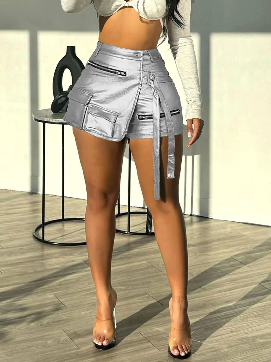 KANSOON Women Leather Shorts Metallic High Waisted Cargo Skort Sexy Rave Asymmetrical Skirt Skorts
