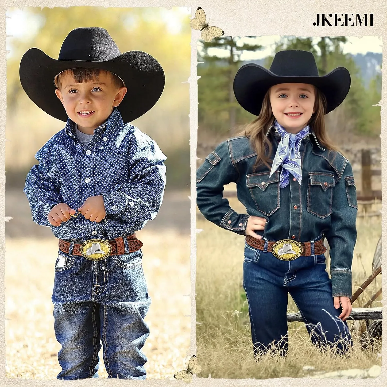 Kids Western Belt for Boys Girls, Embossed Genuine Leather Cowboy Cowgirl Belt for Jeans Pant Dresses Gift