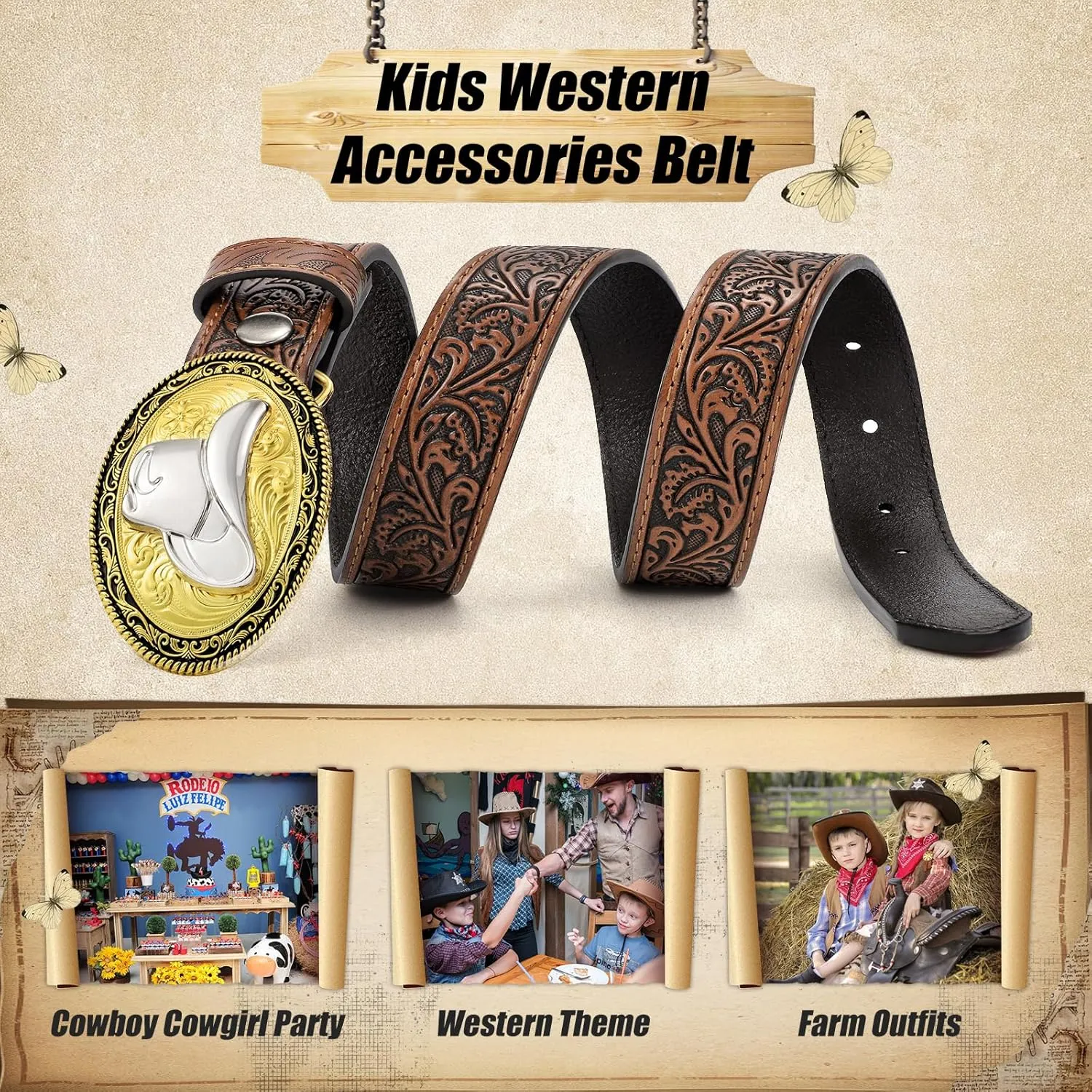Kids Western Belt for Boys Girls, Embossed Genuine Leather Cowboy Cowgirl Belt for Jeans Pant Dresses Gift